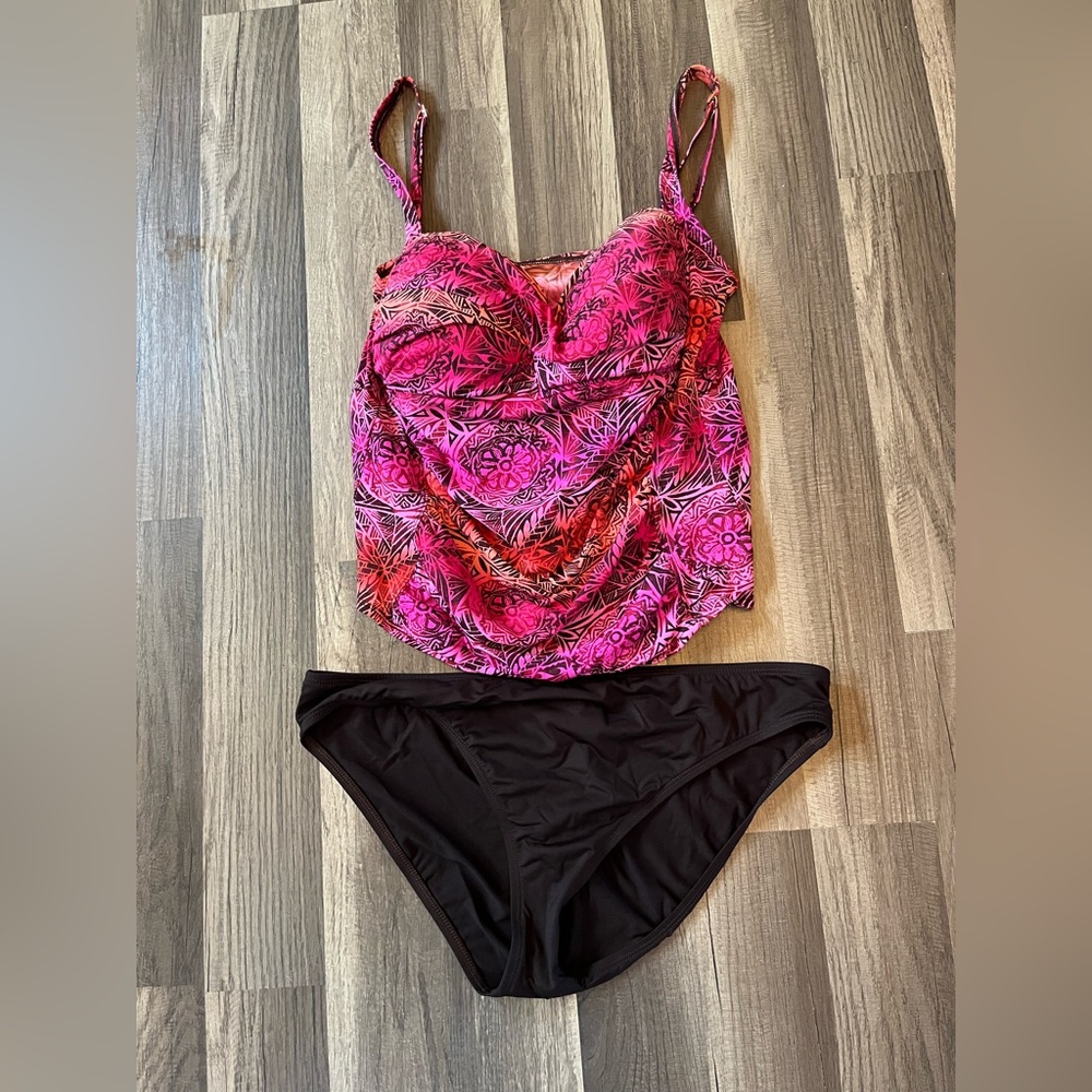 La Blanca Island Goddess Tankini Twist Shirred Top& Brown Bottoms SZ 14